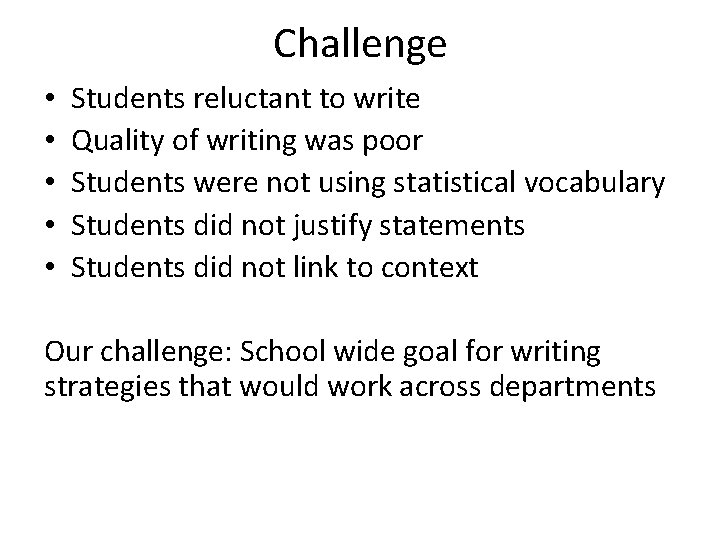 Challenge • • • Students reluctant to write Quality of writing was poor Students