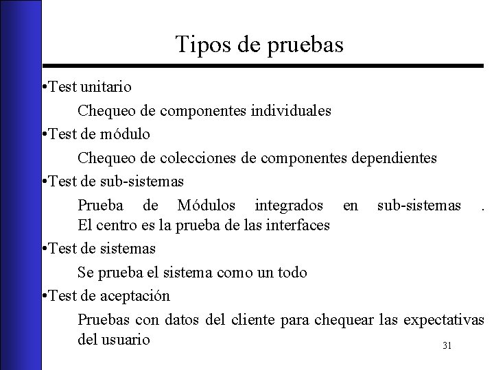 Tipos de pruebas • Test unitario Chequeo de componentes individuales • Test de módulo