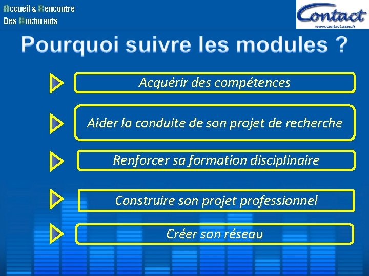 Acquérir des compétences Aider la conduite de son projet de recherche Renforcer sa formation Acquérir des compétences Aider la conduite de son projet de recherche Renforcer sa formation