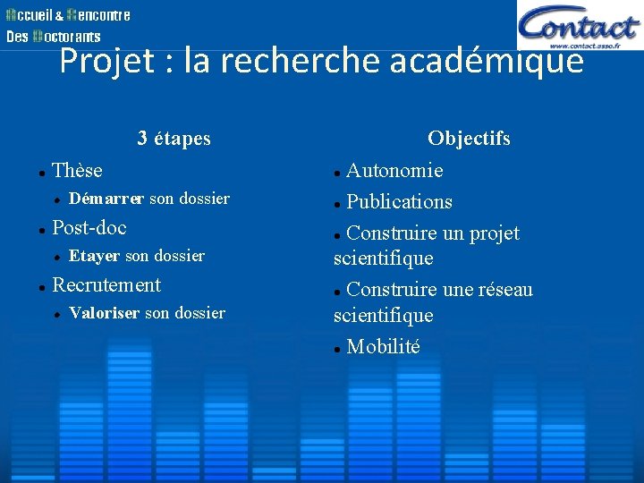 Projet : la recherche académique 3 étapes Thèse Démarrer son dossier Post-doc Etayer son Projet : la recherche académique 3 étapes Thèse Démarrer son dossier Post-doc Etayer son