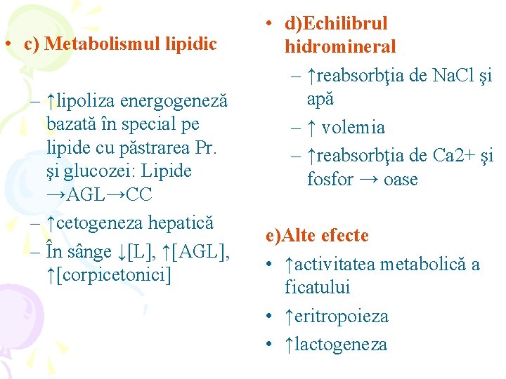  • c) Metabolismul lipidic – ↑lipoliza energogeneză bazată în special pe lipide cu