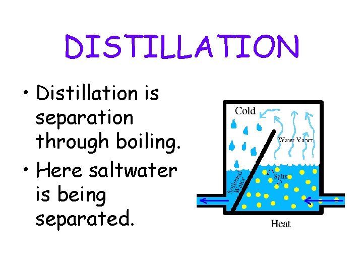 DISTILLATION • Distillation is separation through boiling. • Here saltwater is being separated. 