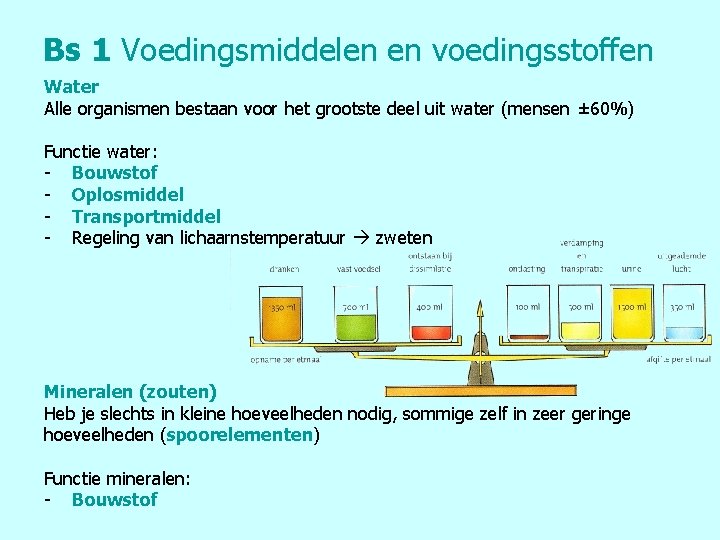 Bs 1 Voedingsmiddelen en voedingsstoffen Water Alle organismen bestaan voor het grootste deel uit