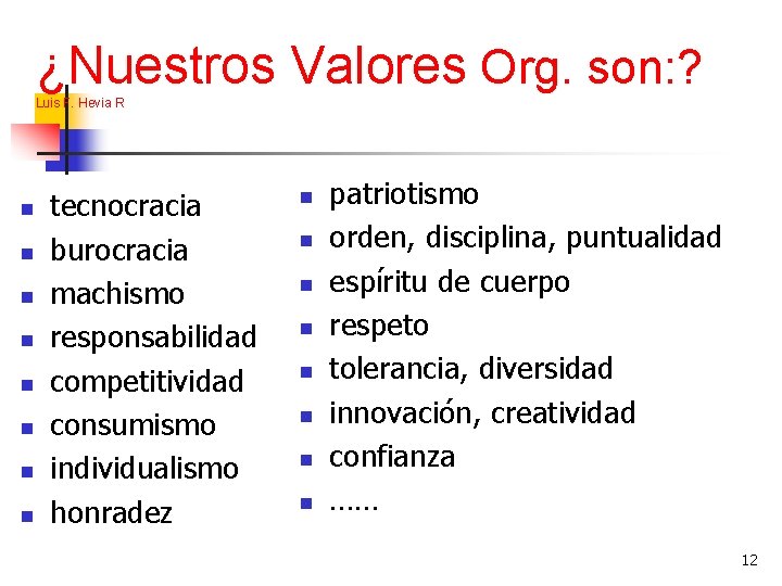 ¿Nuestros Valores Org. son: ? Luis F. Hevia R n n n n tecnocracia