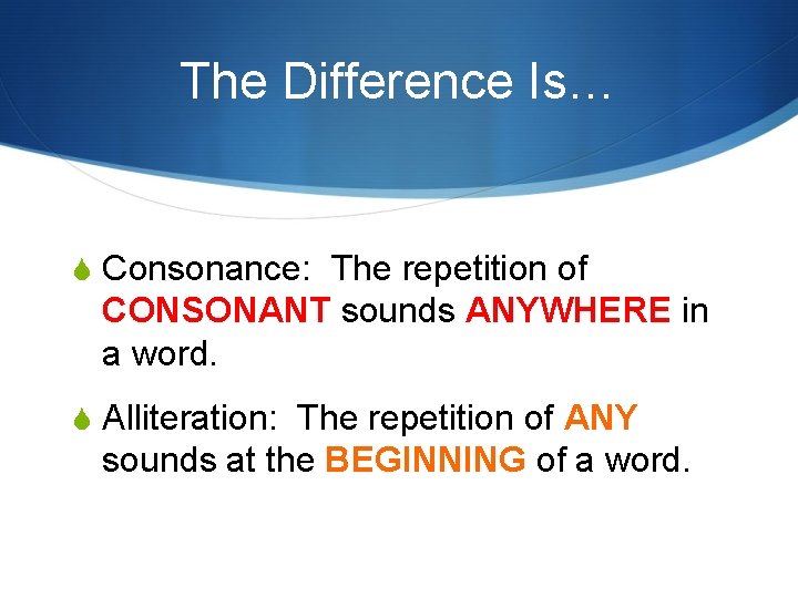 The Difference Is… S Consonance: The repetition of CONSONANT sounds ANYWHERE in a word. The Difference Is… S Consonance: The repetition of CONSONANT sounds ANYWHERE in a word.