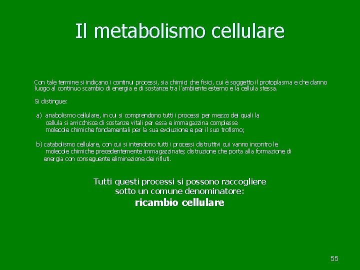 Il metabolismo cellulare Con tale termine si indicano i continui processi, sia chimici che