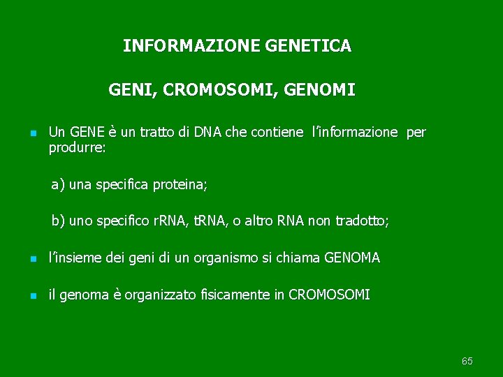  INFORMAZIONE GENETICA GENI, CROMOSOMI, GENOMI n Un GENE è un tratto di DNA