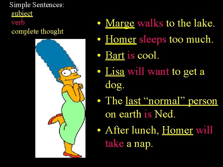 Simple Sentences: subject verb complete thought • • Marge walks to the lake. Homer