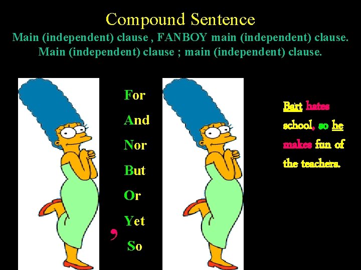 Compound Sentence Main (independent) clause , FANBOY main (independent) clause. Main (independent) clause ;