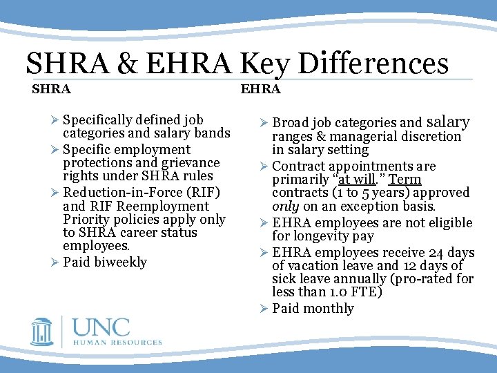 SHRA & EHRA Key Differences SHRA Ø Specifically defined job categories and salary bands
