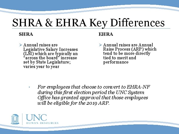 SHRA & EHRA Key Differences SHRA EHRA Ø Annual raises are Annual Legislative Salary