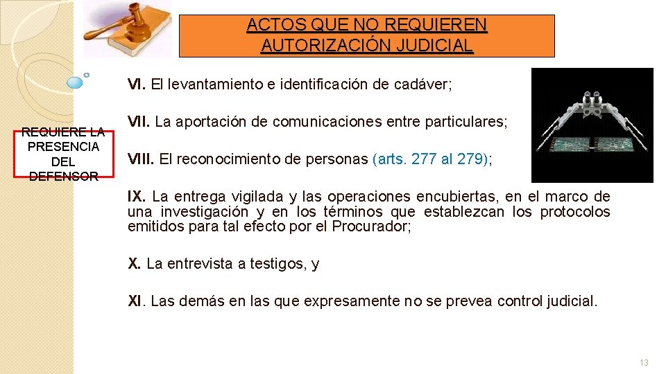ACTOS QUE NO REQUIEREN AUTORIZACIÓN JUDICIAL REQUIERE LA PRESENCIA DEL DEFENSOR VI. El levantamiento ACTOS QUE NO REQUIEREN AUTORIZACIÓN JUDICIAL REQUIERE LA PRESENCIA DEL DEFENSOR VI. El levantamiento