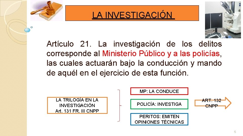 LA INVESTIGACIÓN Artículo 21. La investigación de los delitos corresponde al Ministerio Público y LA INVESTIGACIÓN Artículo 21. La investigación de los delitos corresponde al Ministerio Público y