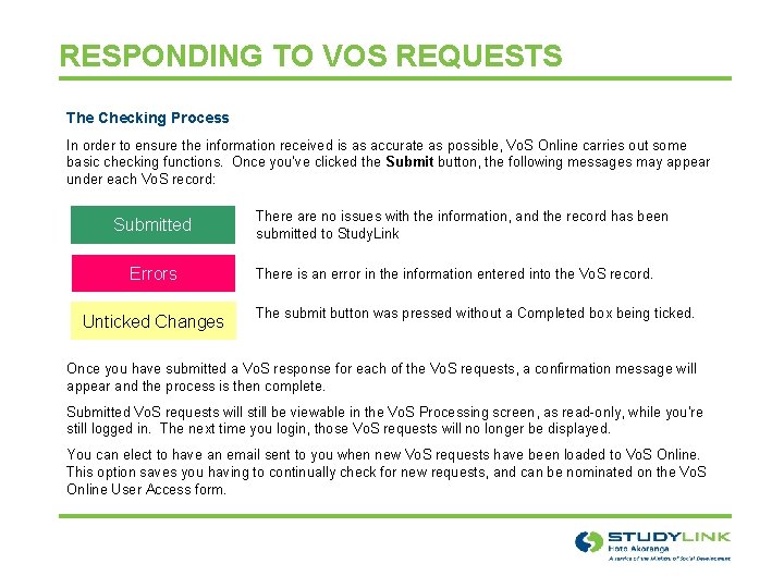RESPONDING TO VOS REQUESTS The Checking Process In order to ensure the information received