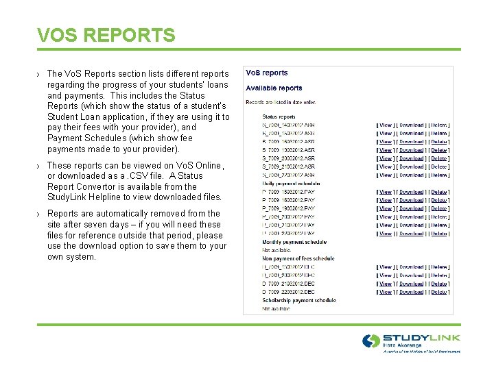 VOS REPORTS › The Vo. S Reports section lists different reports regarding the progress