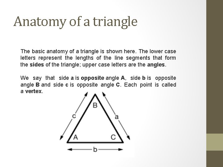 Anatomy of a triangle The basic anatomy of a triangle is shown here. The