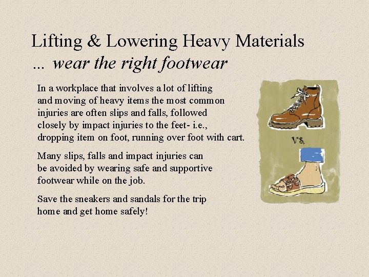 Lifting & Lowering Heavy Materials … wear the right footwear In a workplace that