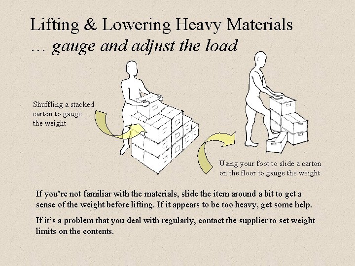 Lifting & Lowering Heavy Materials … gauge and adjust the load Shuffling a stacked