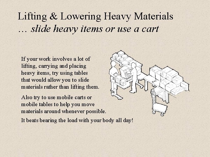 Lifting & Lowering Heavy Materials … slide heavy items or use a cart If