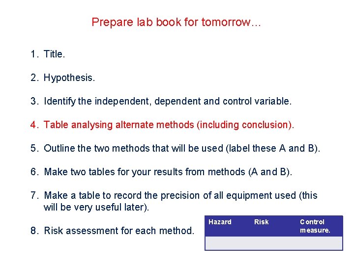 Prepare lab book for tomorrow… 1. Title. 2. Hypothesis. 3. Identify the independent, dependent