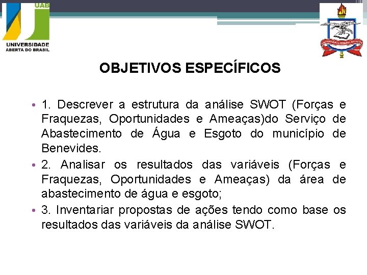 OBJETIVOS ESPECÍFICOS • 1. Descrever a estrutura da análise SWOT (Forças e Fraquezas, Oportunidades