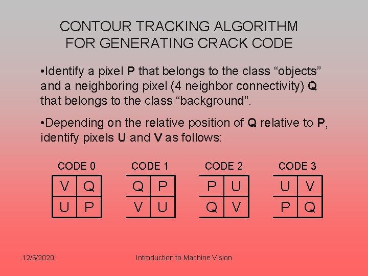 CONTOUR TRACKING ALGORITHM FOR GENERATING CRACK CODE • Identify a pixel P that belongs CONTOUR TRACKING ALGORITHM FOR GENERATING CRACK CODE • Identify a pixel P that belongs