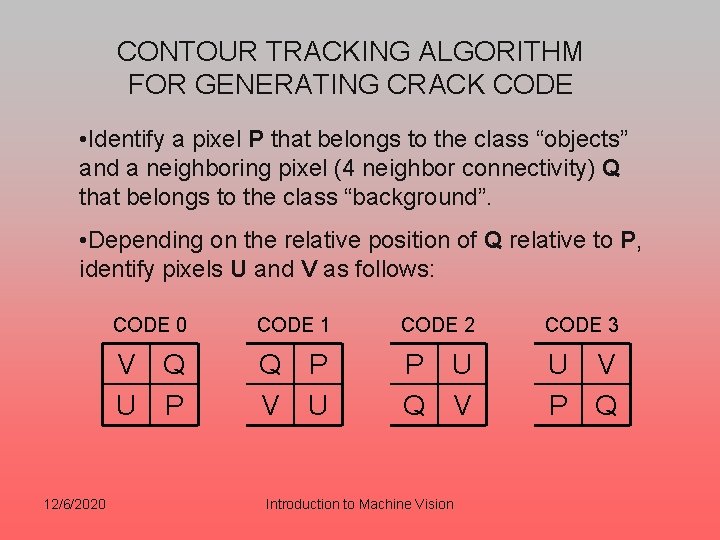 CONTOUR TRACKING ALGORITHM FOR GENERATING CRACK CODE • Identify a pixel P that belongs