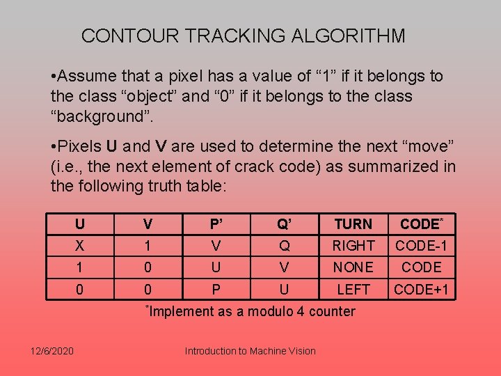CONTOUR TRACKING ALGORITHM • Assume that a pixel has a value of “ 1” CONTOUR TRACKING ALGORITHM • Assume that a pixel has a value of “ 1”