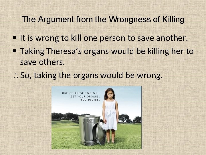The Argument from the Wrongness of Killing § It is wrong to kill one