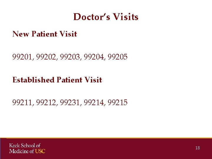 Doctor’s Visits New Patient Visit 99201, 99202, 99203, 99204, 99205 Established Patient Visit 99211,