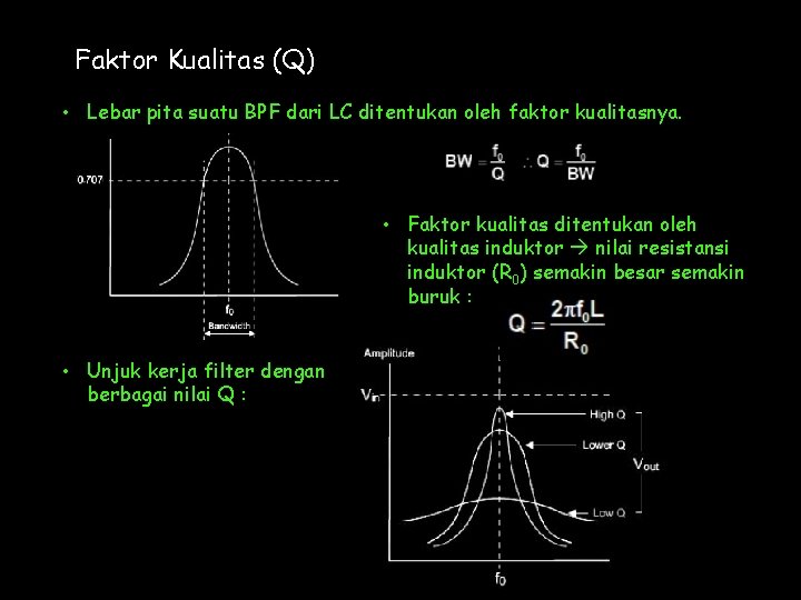 Faktor Kualitas (Q) • Lebar pita suatu BPF dari LC ditentukan oleh faktor kualitasnya.