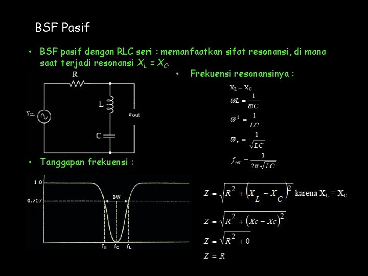 BSF Pasif • BSF pasif dengan RLC seri : memanfaatkan sifat resonansi, di mana