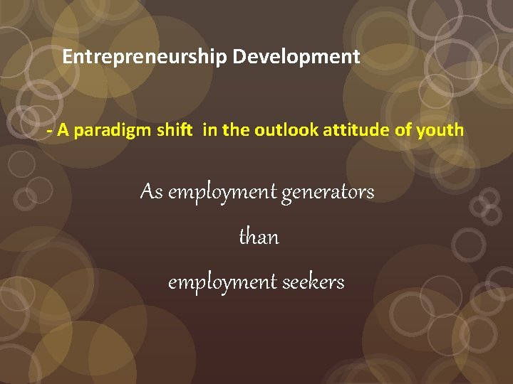 Entrepreneurship Development - A paradigm shift in the outlook attitude of youth As employment