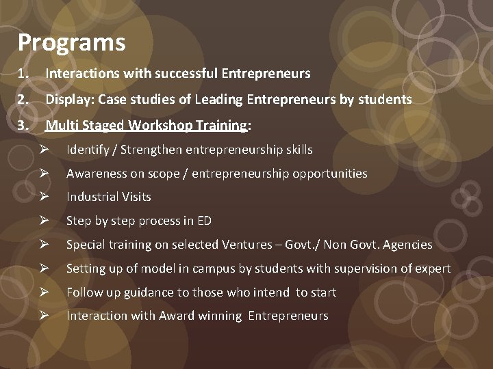Programs 1. Interactions with successful Entrepreneurs 2. Display: Case studies of Leading Entrepreneurs by