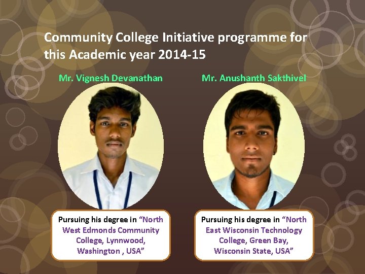 Community College Initiative programme for this Academic year 2014 -15 Mr. Vignesh Devanathan Mr.