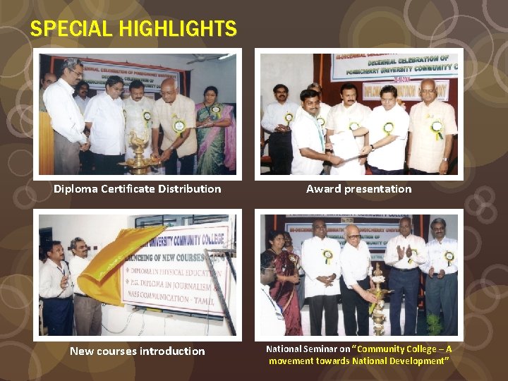 SPECIAL HIGHLIGHTS Diploma Certificate Distribution Award presentation New courses introduction National Seminar on “Community