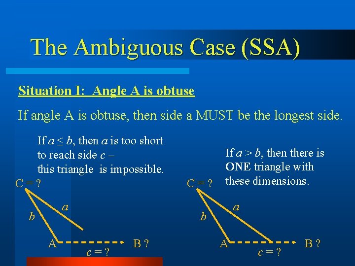 The Ambiguous Case (SSA) Situation I: Angle A is obtuse If angle A is