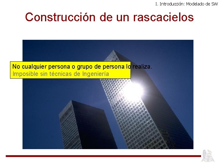 I. Introducción: Modelado de SW Construcción de un rascacielos No cualquier persona o grupo