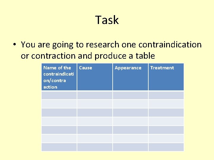 Task • You are going to research one contraindication or contraction and produce a
