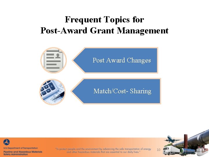 Frequent Topics for Post-Award Grant Management Post Award Changes Match/Cost- Sharing 10 