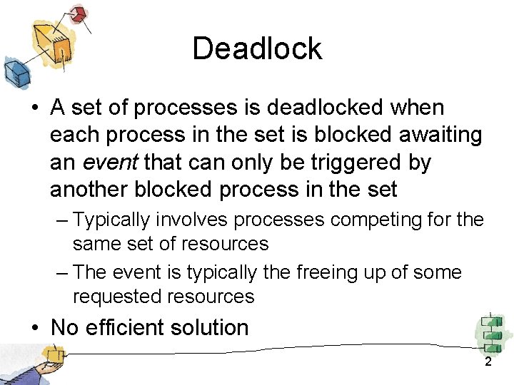 Deadlock • A set of processes is deadlocked when each process in the set Deadlock • A set of processes is deadlocked when each process in the set