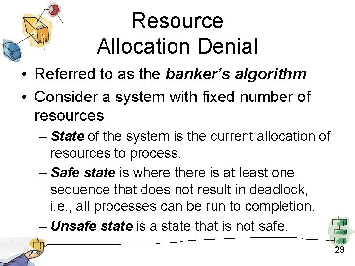 Resource Allocation Denial • Referred to as the banker’s algorithm • Consider a system Resource Allocation Denial • Referred to as the banker’s algorithm • Consider a system
