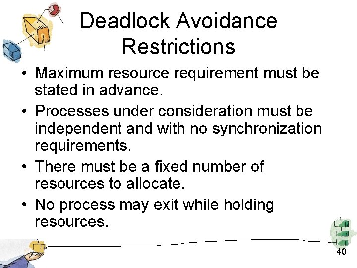 Deadlock Avoidance Restrictions • Maximum resource requirement must be stated in advance. • Processes Deadlock Avoidance Restrictions • Maximum resource requirement must be stated in advance. • Processes