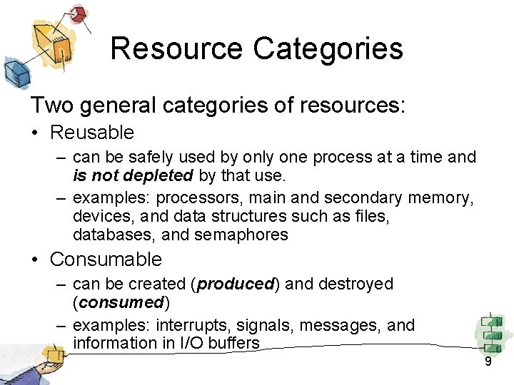 Resource Categories Two general categories of resources: • Reusable – can be safely used Resource Categories Two general categories of resources: • Reusable – can be safely used
