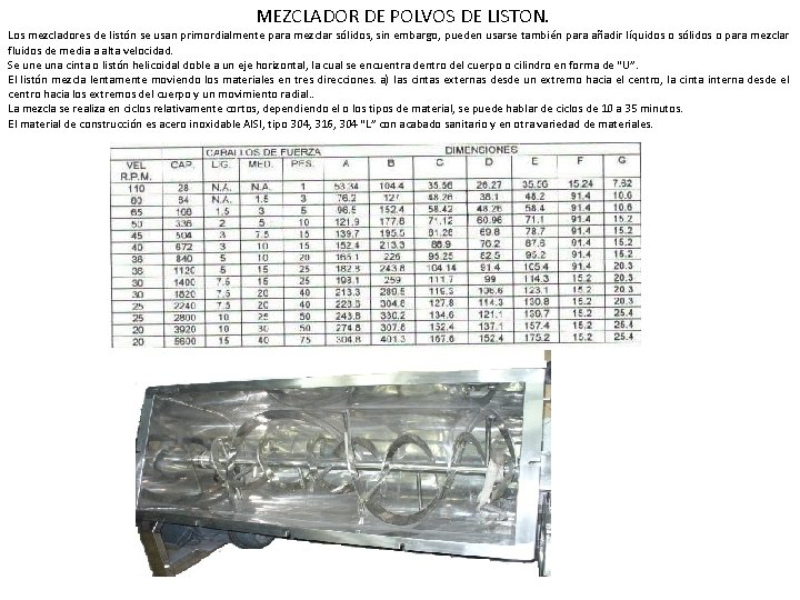 MEZCLADOR DE POLVOS DE LISTON. Los mezcladores de listón se usan primordialmente para mezclar MEZCLADOR DE POLVOS DE LISTON. Los mezcladores de listón se usan primordialmente para mezclar