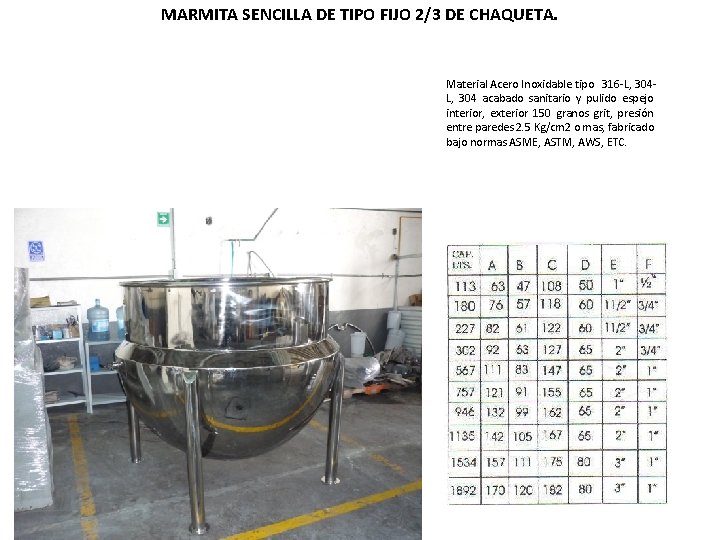 MARMITA SENCILLA DE TIPO FIJO 2/3 DE CHAQUETA. Material Acero Inoxidable tipo 316 -L, MARMITA SENCILLA DE TIPO FIJO 2/3 DE CHAQUETA. Material Acero Inoxidable tipo 316 -L,