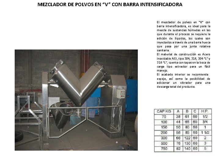 MEZCLADOR DE POLVOS EN “V” CON BARRA INTENSIFICADORA El mezclador de polvos en “V” MEZCLADOR DE POLVOS EN “V” CON BARRA INTENSIFICADORA El mezclador de polvos en “V”
