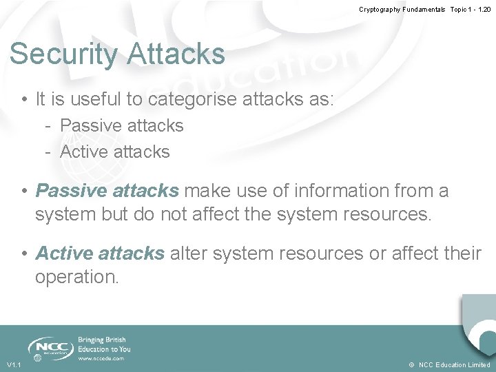 Cryptography Fundamentals Topic 1 - 1. 20 Security Attacks • It is useful to