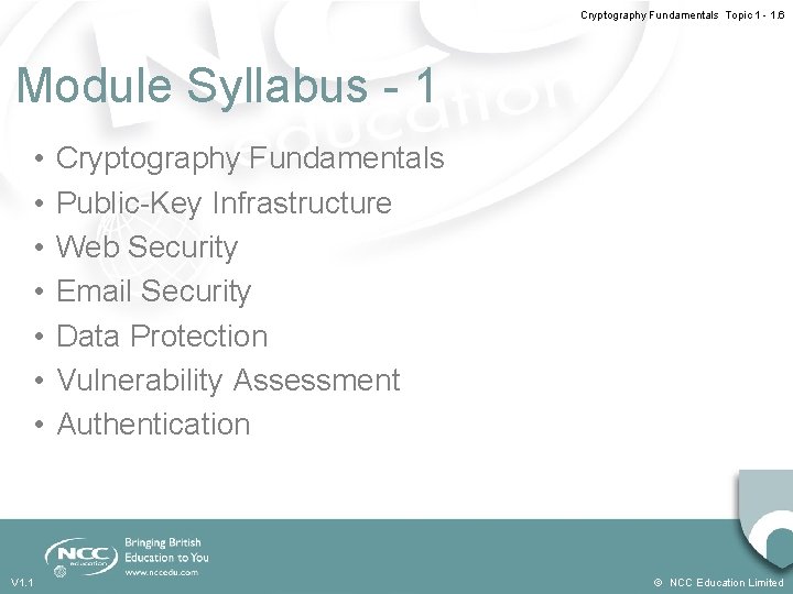 Cryptography Fundamentals Topic 1 - 1. 6 Module Syllabus - 1 • • V