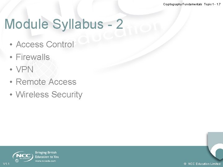 Cryptography Fundamentals Topic 1 - 1. 7 Module Syllabus - 2 • • •